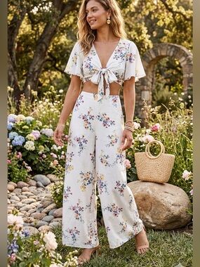 Material Girl Floral Two-Piece Set: Tie-Front Crop Top & Wide-Leg Pants